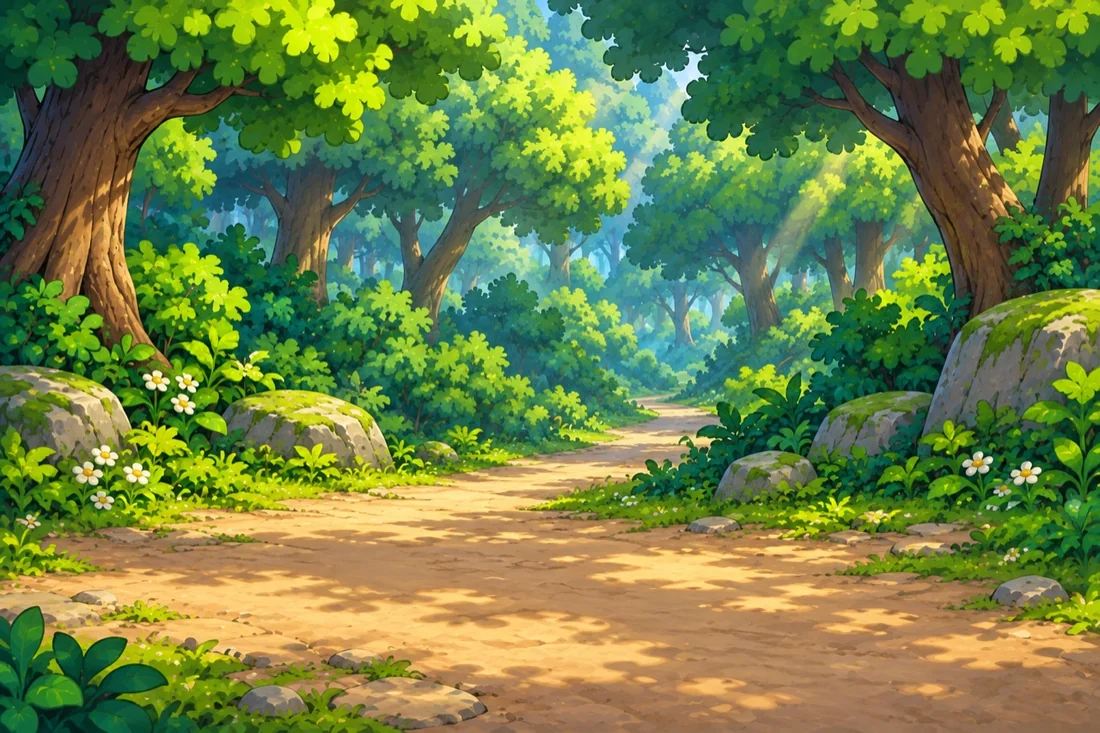 A sunlit forest trail beneath a canopy of green leaves