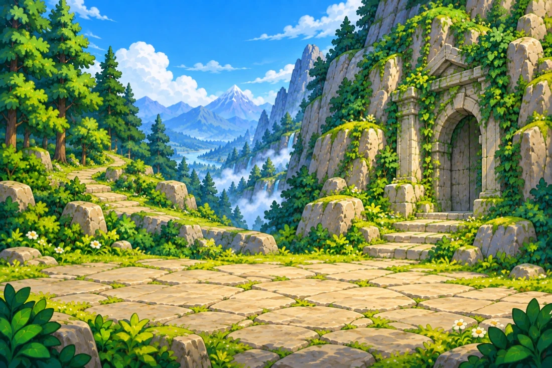 An ancient moss-covered gate hidden in a mountain valley