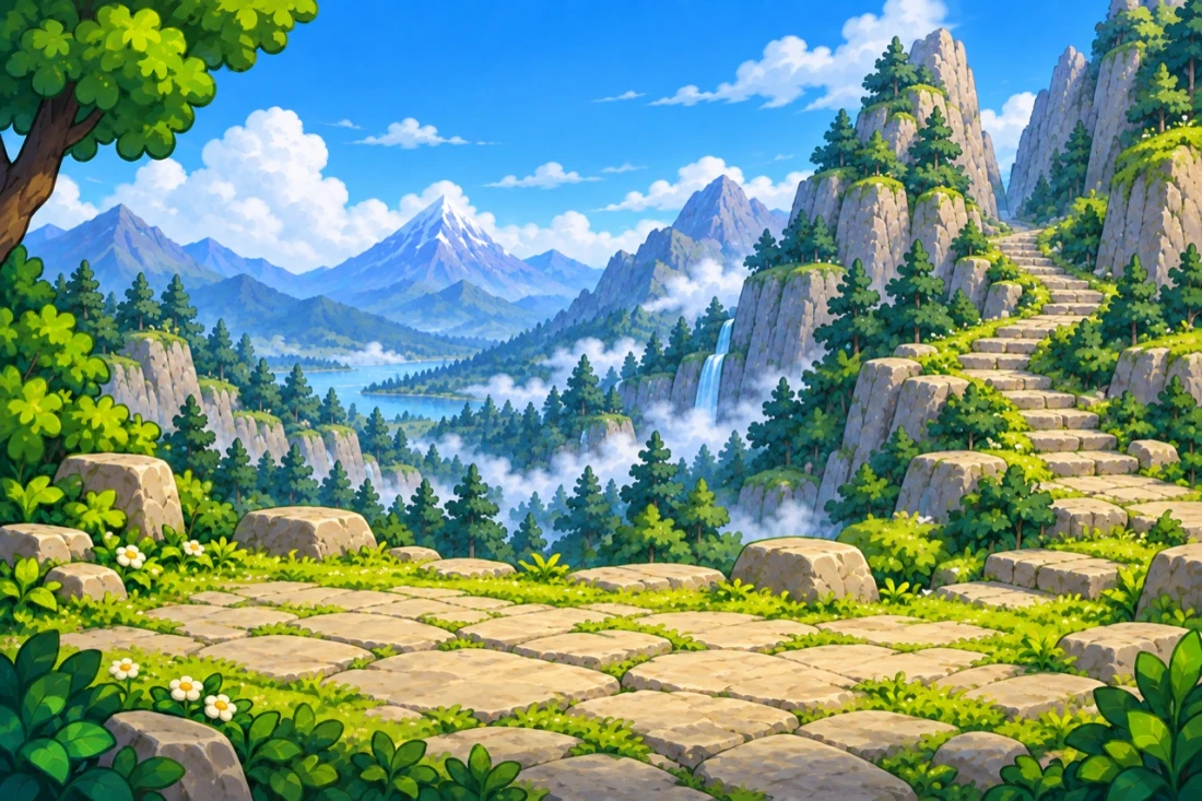 A stone staircase climbing through green mountains