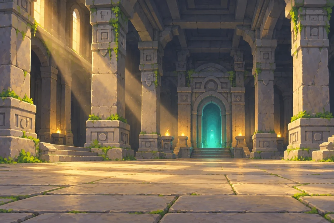 Shafts of light falling inside an ancient stone sanctuary