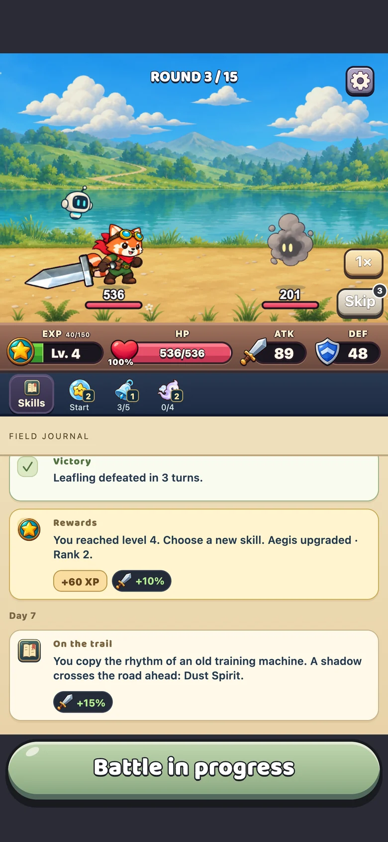 Story battle with equipped skills and the Field Journal in RedPandaOK!