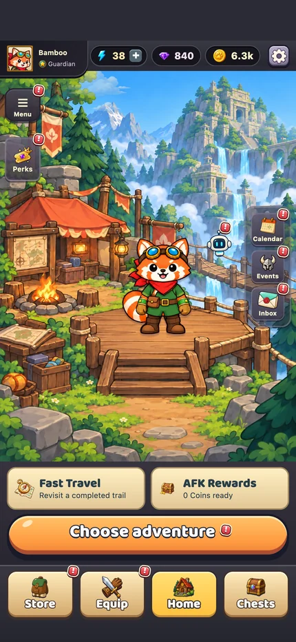 Home hub with the red panda, Blip and adventure shortcuts
