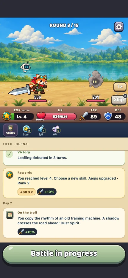 Story battle with equipped skills and the Field Journal