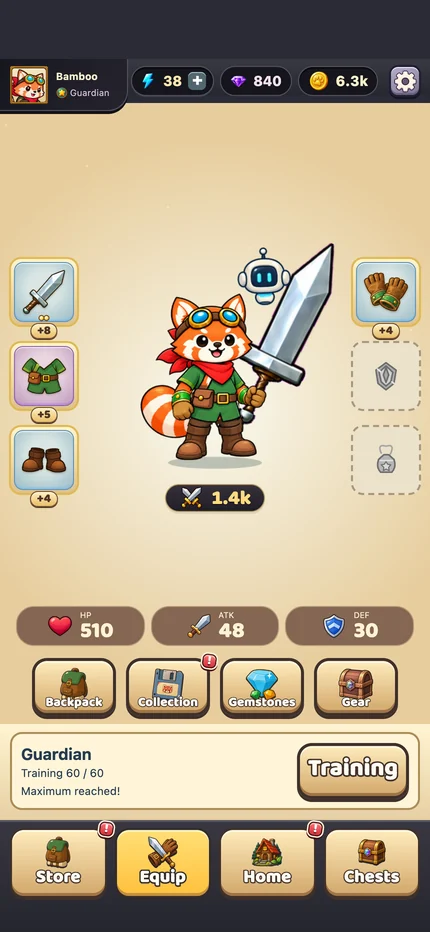 Equipment with gear, the red panda and Blip